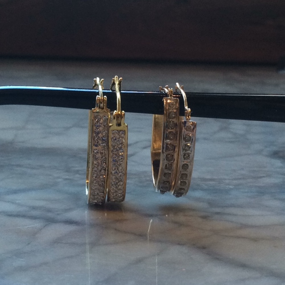 2 pairs of rhinestone gold tone hoops